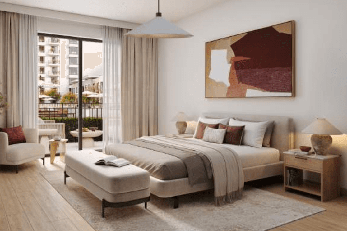 A modern bedroom with large windows, neutral interiors, and a bright layout designed to maximise natural light and create a calm private space.