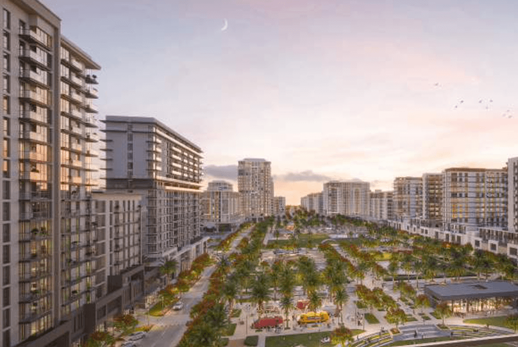 Rosewell residential building positioned beside West Park with shaded greenery and community pathways.