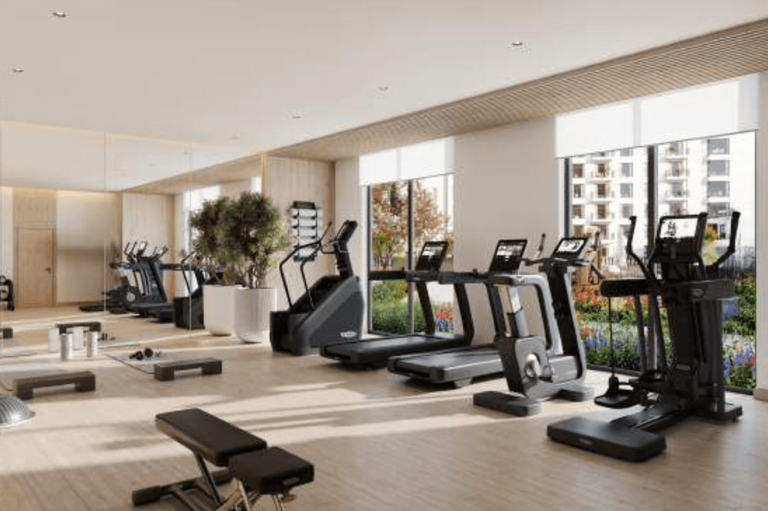1. Gym at Rosewell with modern fitness equipment and large windows overlooking the community.