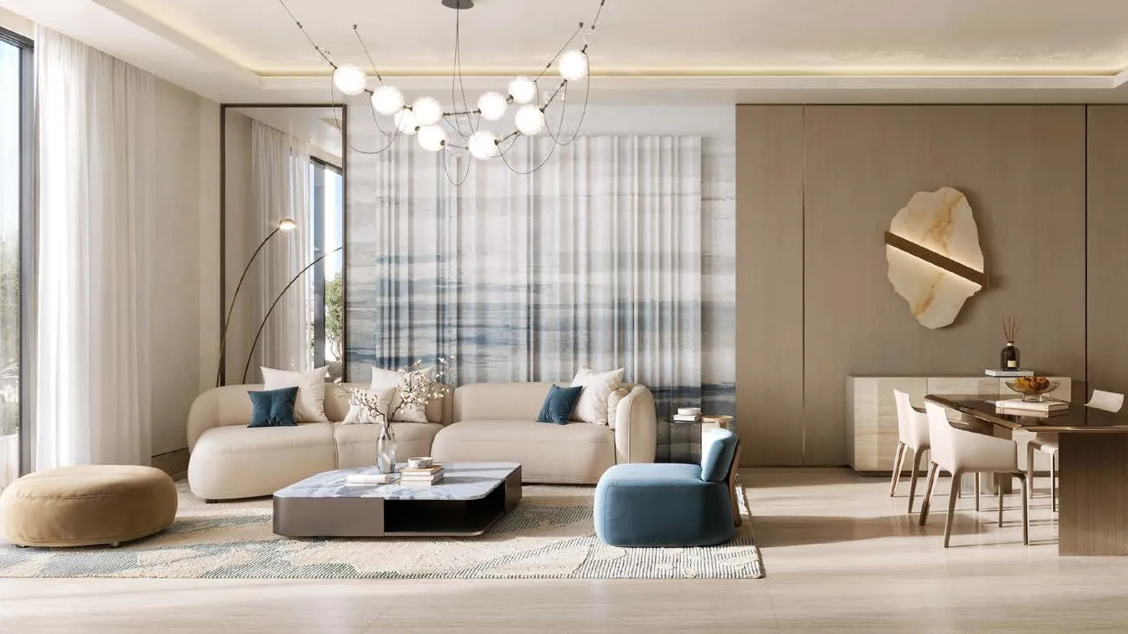 Bright open living-dining space with beige sofa, blue chair, round ottoman, marble coffee table, large glass walls, and ocean-art backdrop. AI-generated image