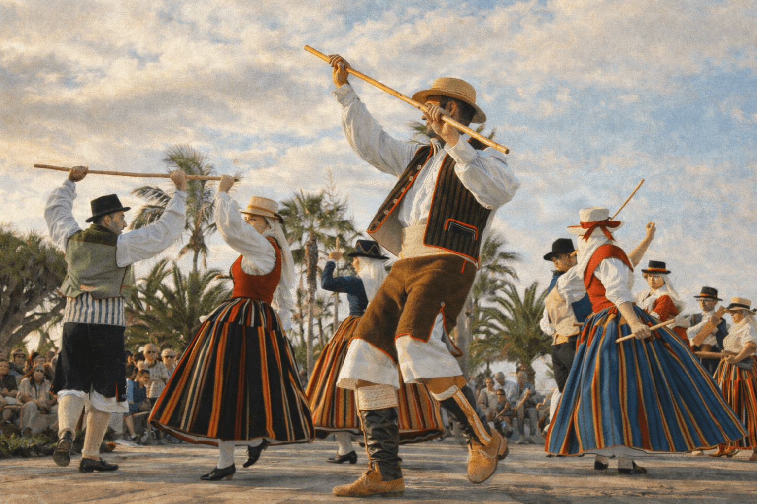 Grupo de personas bailando y vestidos con las ropas tradicionales de Canarias