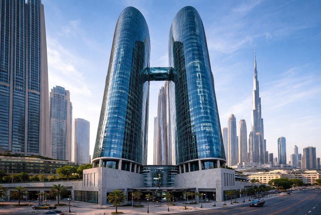 Two modern, glass skyscrapers with a connecting bridge in a cityscape with other tall buildings and a clear sky.