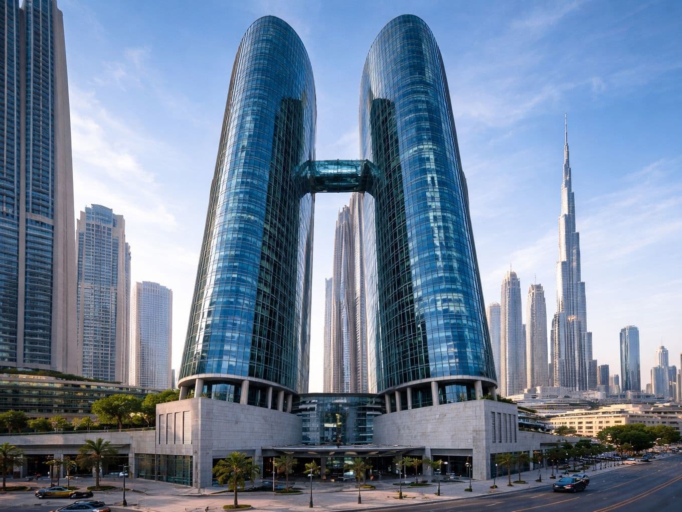 Two modern, glass skyscrapers with a connecting bridge in a cityscape with other tall buildings and a clear sky.