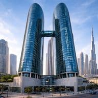 Two modern, glass skyscrapers with a connecting bridge in a cityscape with other tall buildings and a clear sky.