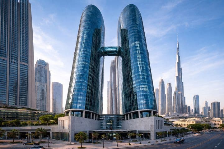 Two modern, glass skyscrapers with a connecting bridge in a cityscape with other tall buildings and a clear sky.