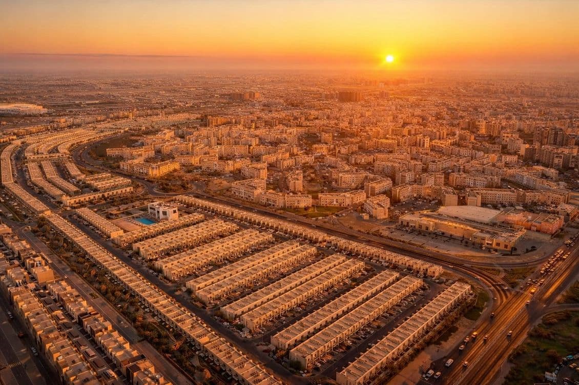 Aerial view of a sprawling cityscape at sunset, featuring rows of buildings, a road network, and the sun setting on the horizon.