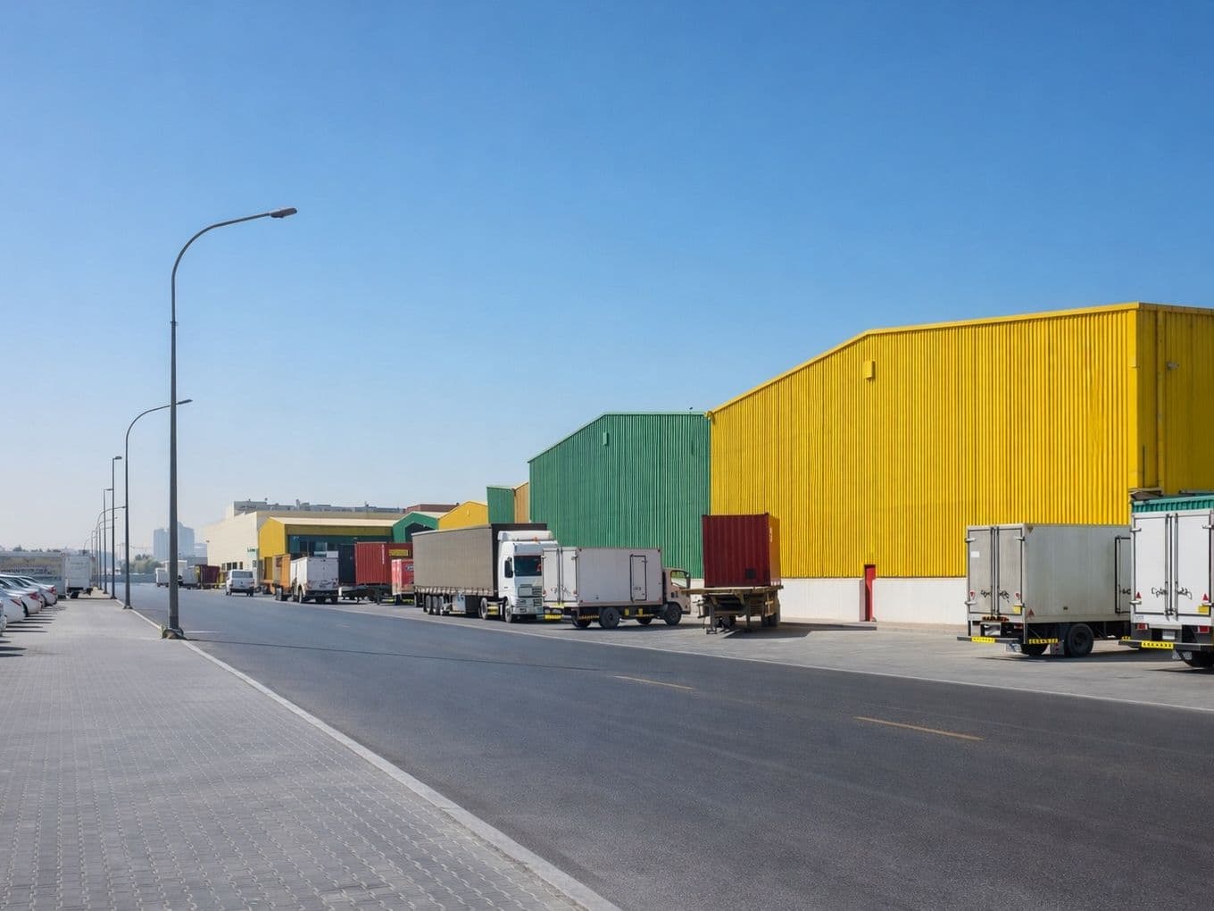 Colorful warehouses in yellow, green, and red line a street. Parked trucks are in front, with a row of cars on the left. Clear blue sky above.