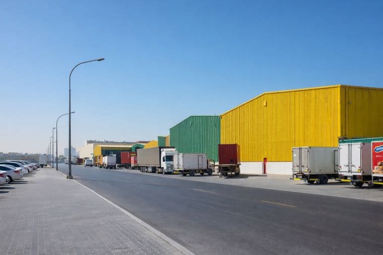 Colorful warehouses in yellow, green, and red line a street. Parked trucks are in front, with a row of cars on the left. Clear blue sky above.