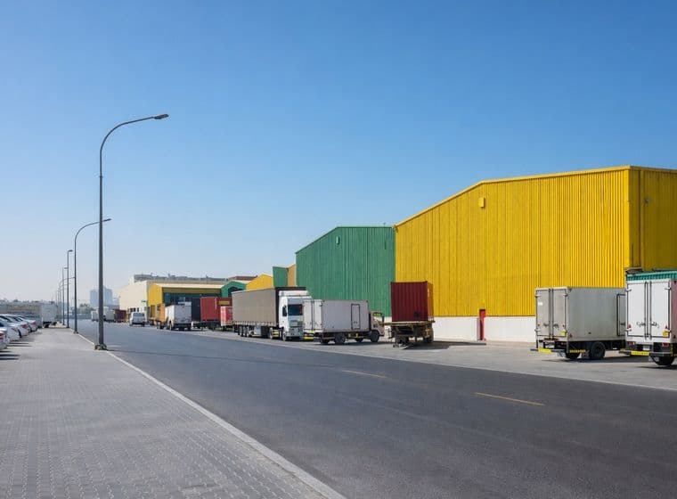 Colorful warehouses in yellow, green, and red line a street. Parked trucks are in front, with a row of cars on the left. Clear blue sky above.