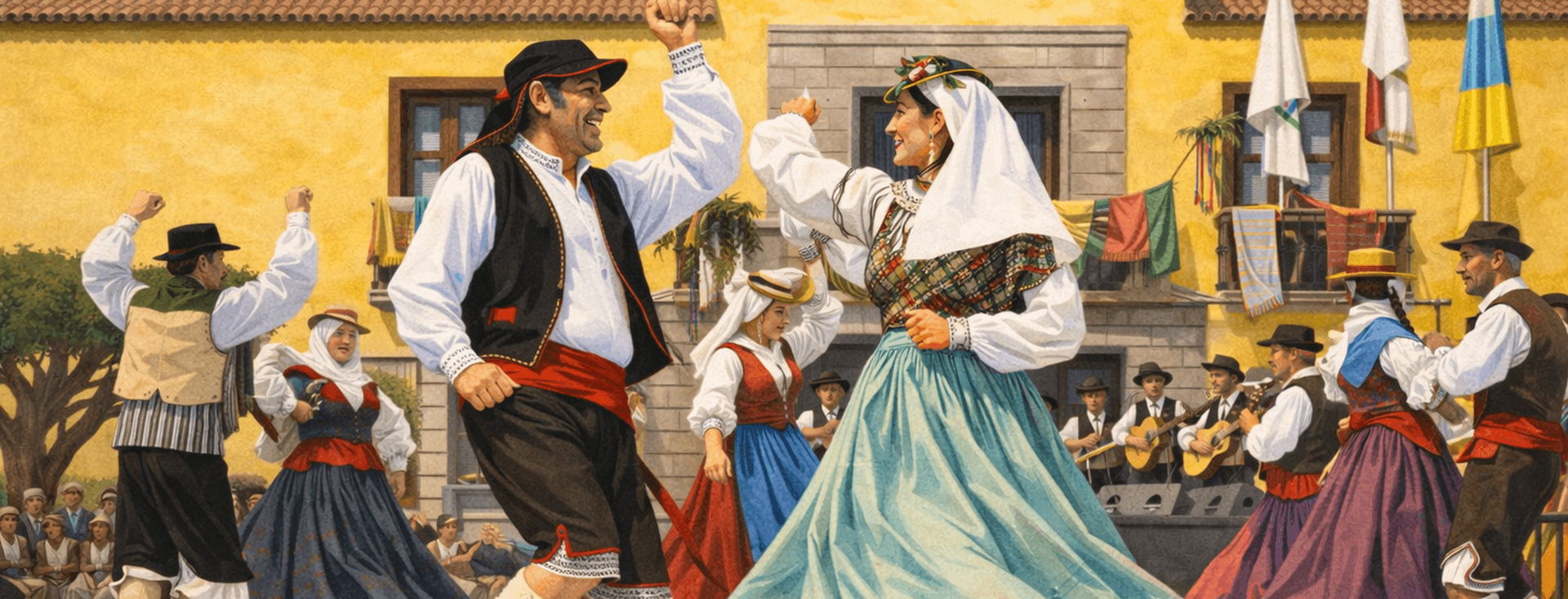 Personas bailando por parejas en el día de Canarias