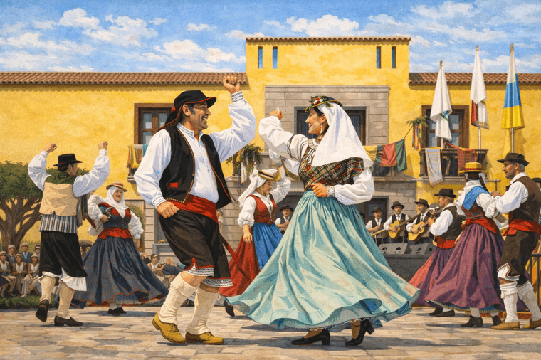 Personas bailando por parejas en el día de Canarias