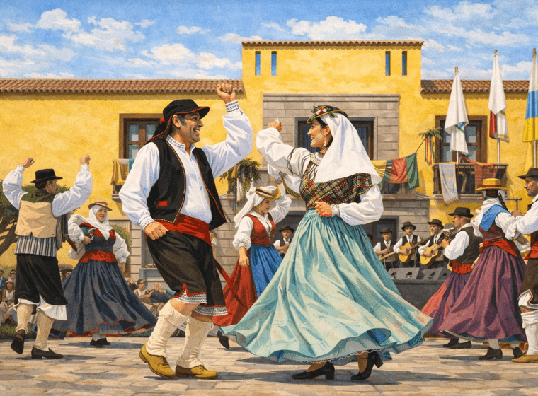 Personas bailando por parejas en el día de Canarias