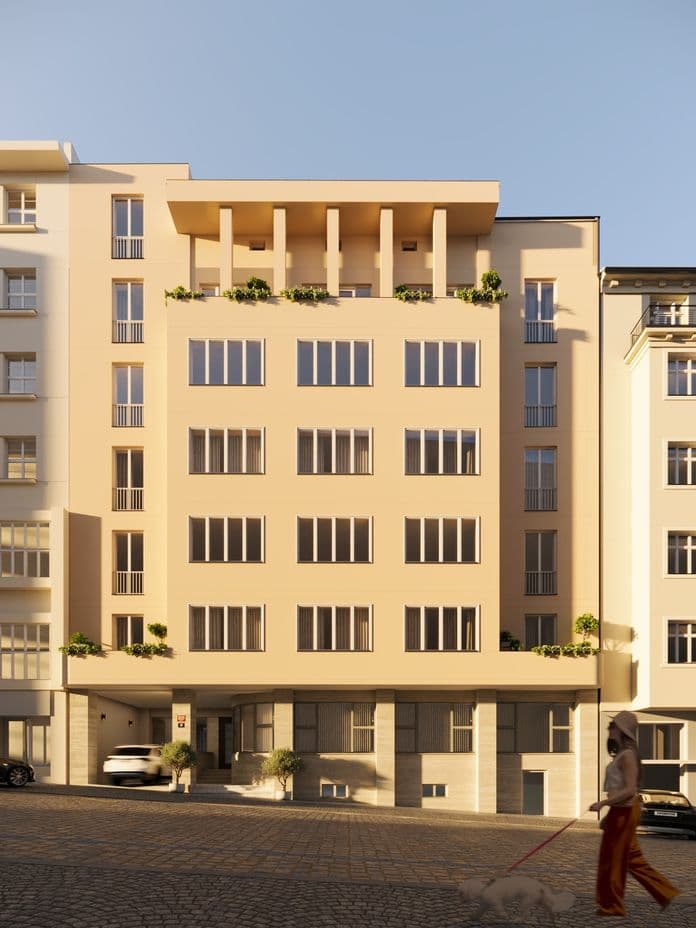 Frontal view of a six-story residential building on Blanická Street with a smooth sand-colored facade, symmetrical windows, and greenery on the balconies; in the foreground, a woman walking a dog.