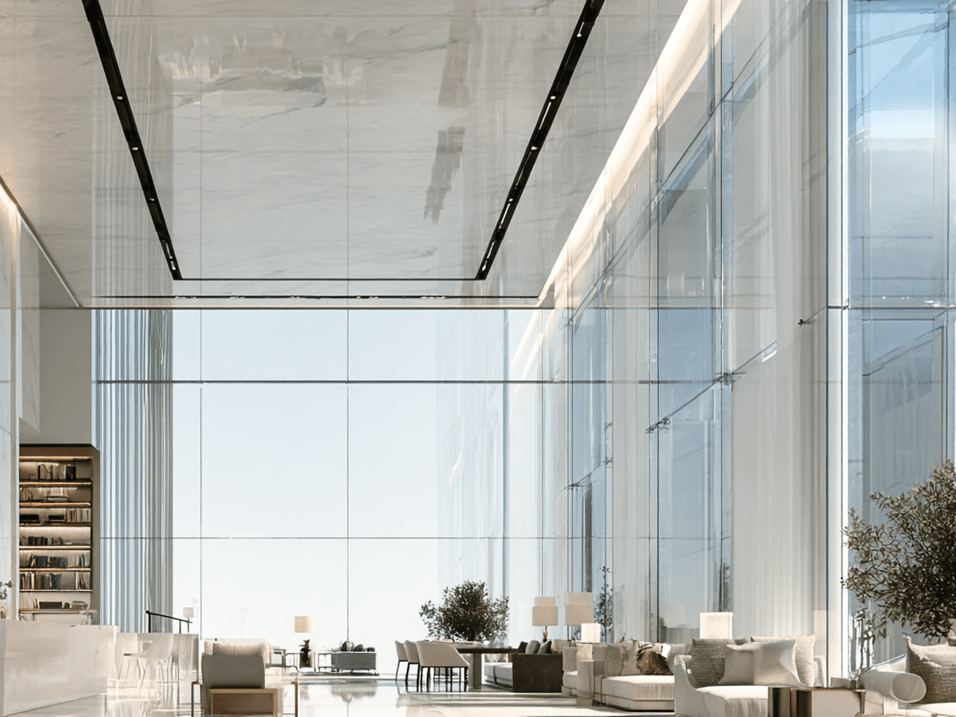 Spacious, modern lobby with high glass walls, sleek furniture, potted plants, and a tall bookshelf; bright natural light fills the space.