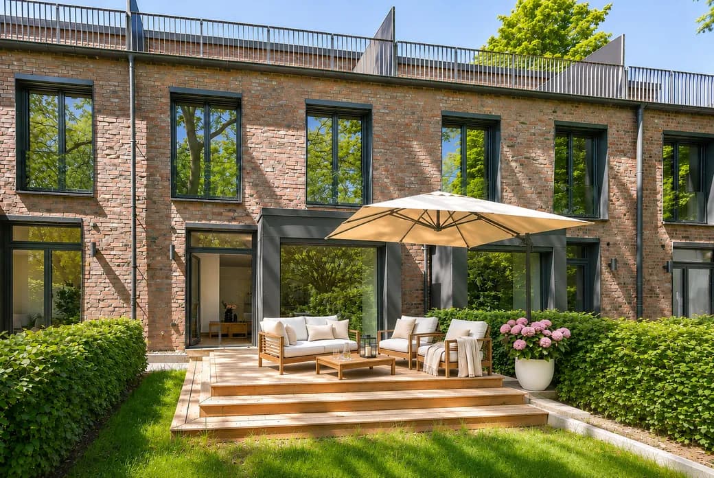 Brick townhouse with large windows and glass doors, a wooden multi-step deck seating area under a beige umbrella, surrounded by green hedges and pink hydrangeas. KI-generiertes Bild