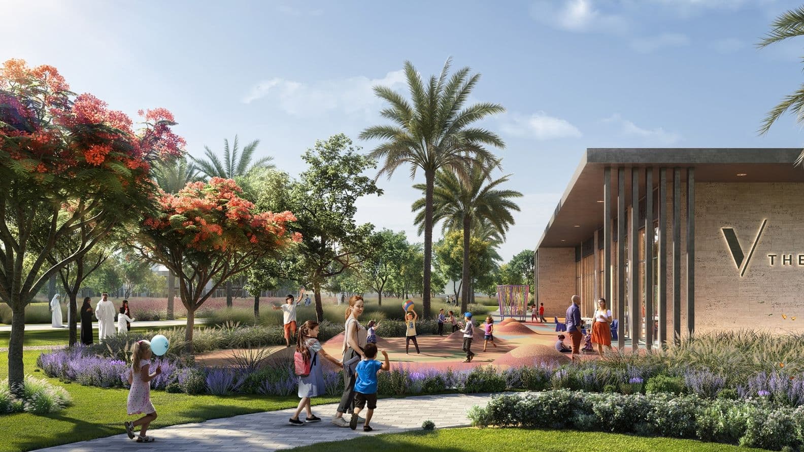 A sunny park with children playing on vibrant playgrounds, surrounded by palm trees and colorful flowering trees near a modern building.
