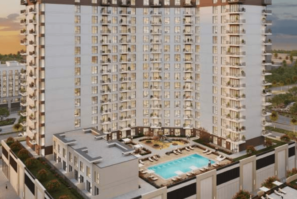 Rosewell residential building positioned beside West Park with shaded greenery and community pathways.