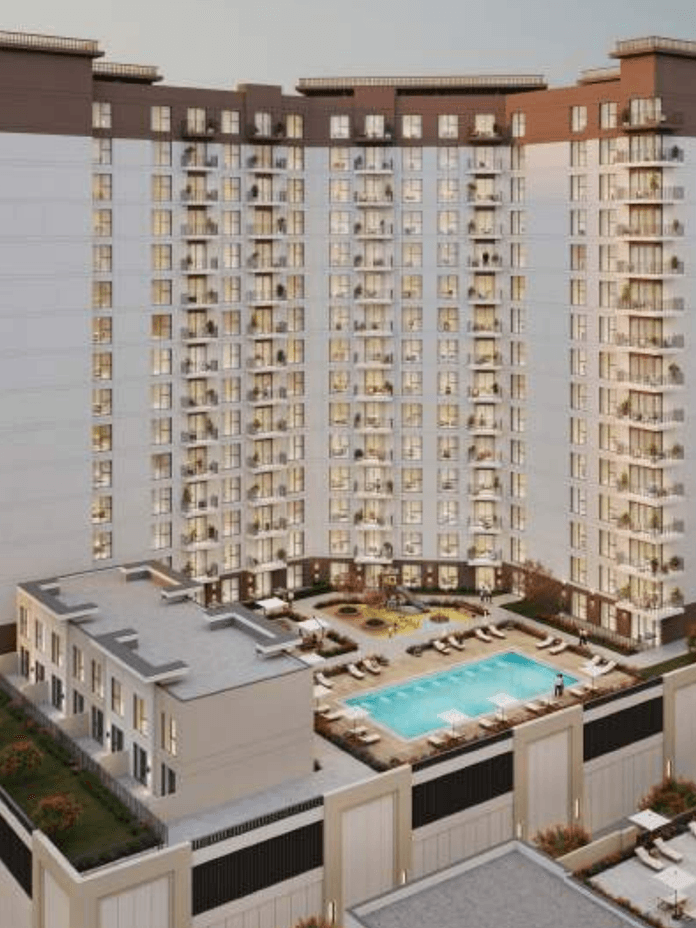 Rosewell residential building positioned beside West Park with shaded greenery and community pathways.