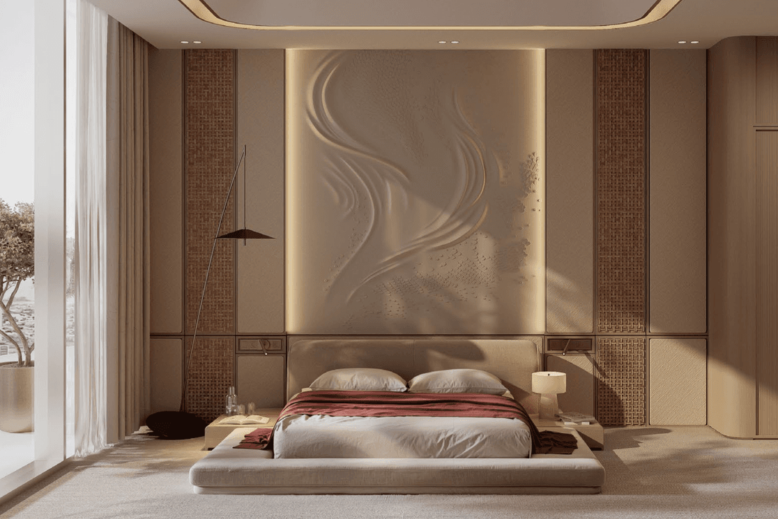 Master bedroom with floor to ceiling windows at Binghatti Skyblade