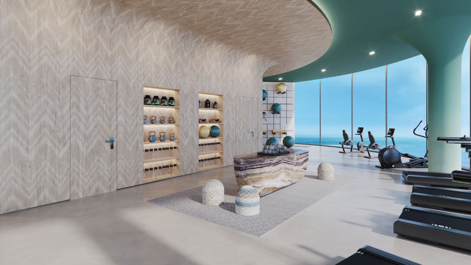 Modern fitness centre with sea views at Trio Isle