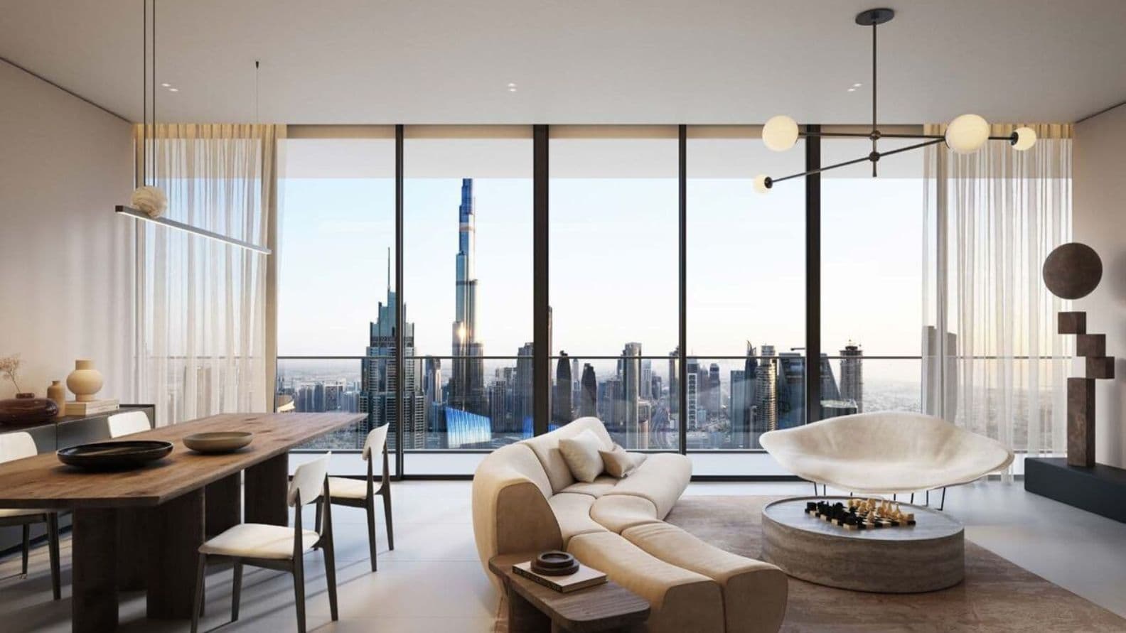 Loungebereich des Akala Apartments mit Blick auf den Burj Khalifa