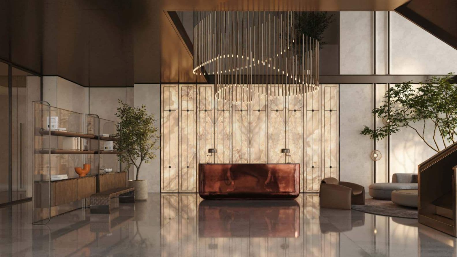 Luxuriöse Hotellobby mit modernem Kronleuchter, elegantem Empfangstresen, stilvoller Sitzecke und hohen Pflanzen – alles in einer warmen, einladenden Atmosphäre.