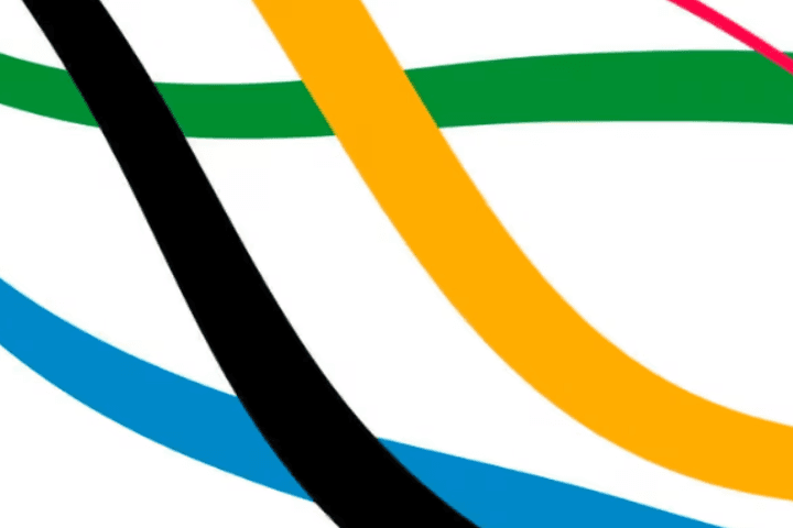 Abstract image of curved lines in blue, black, yellow, green, and red on a white background.