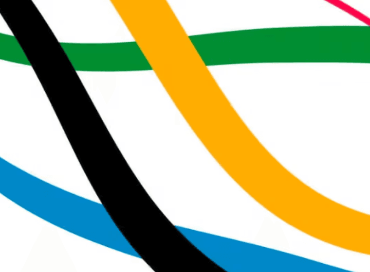 Abstract image of curved lines in blue, black, yellow, green, and red on a white background.