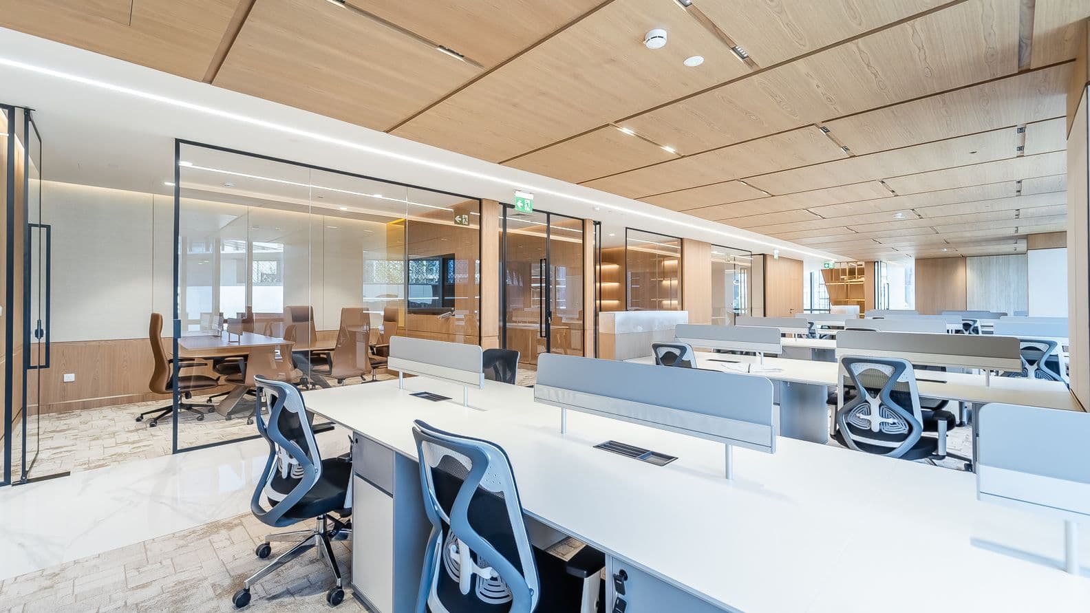 Bright office space in Boulevard Plaza with open workstations, wood-paneled ceiling, and glass meeting rooms in the background.