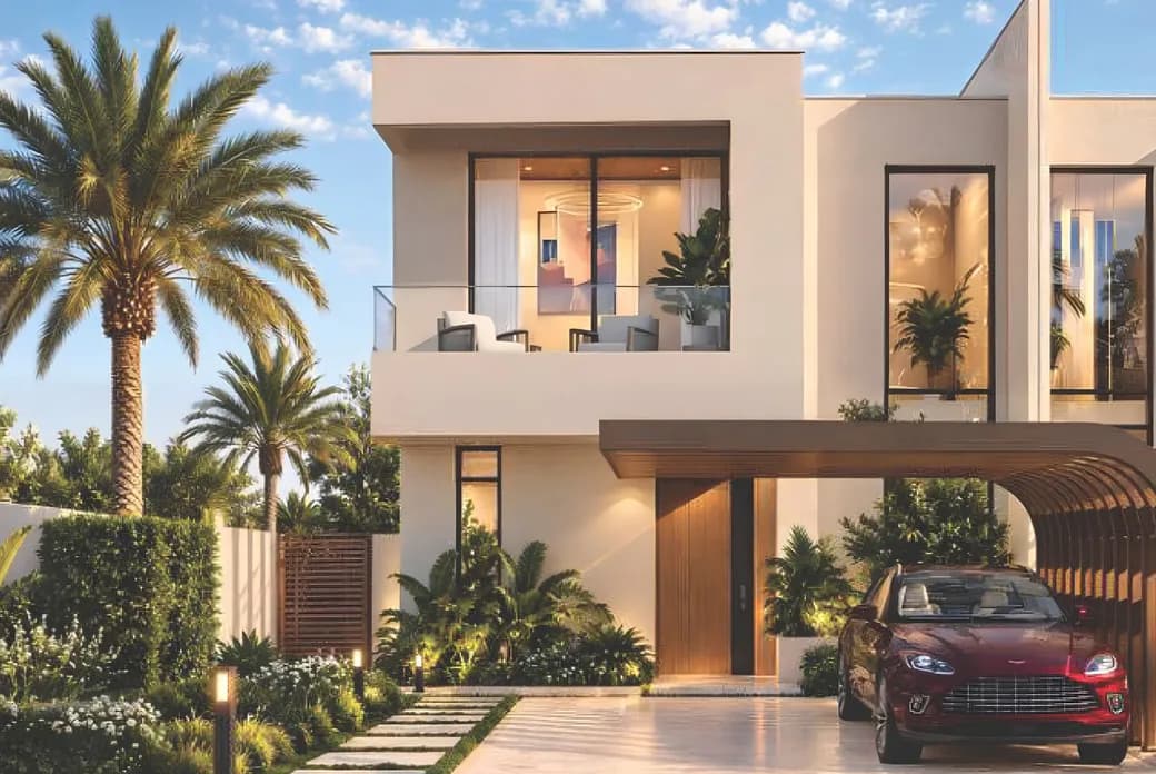 Modern white two-story house with glass balcony, tropical palms, and a red car parked under a curved wooden carport on a sunny day. KI-generiertes Bild