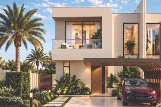 Modern white two-story house with glass balcony, tropical palms, and a red car parked under a curved wooden carport on a sunny day. KI-generiertes Bild