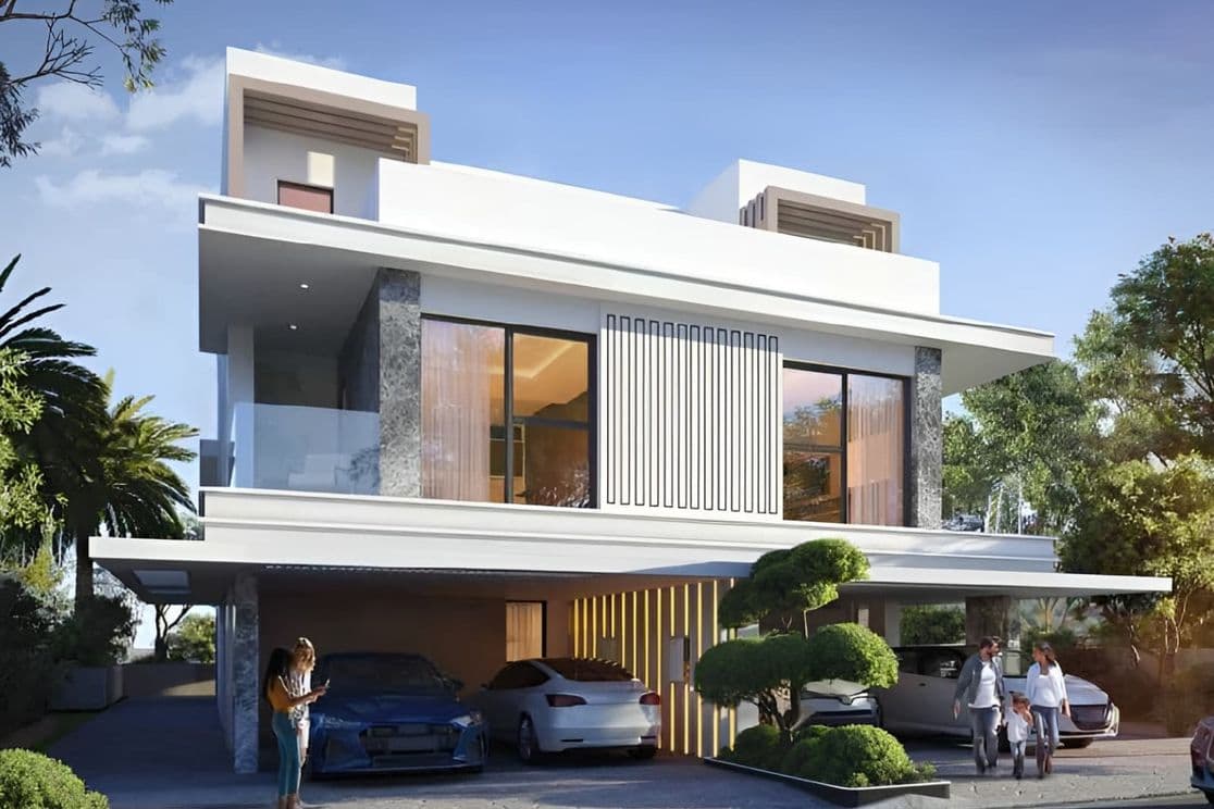A modern three level villa with large windows, a shaded carport for multiple vehicles, landscaped greenery, and residents walking near the entrance.