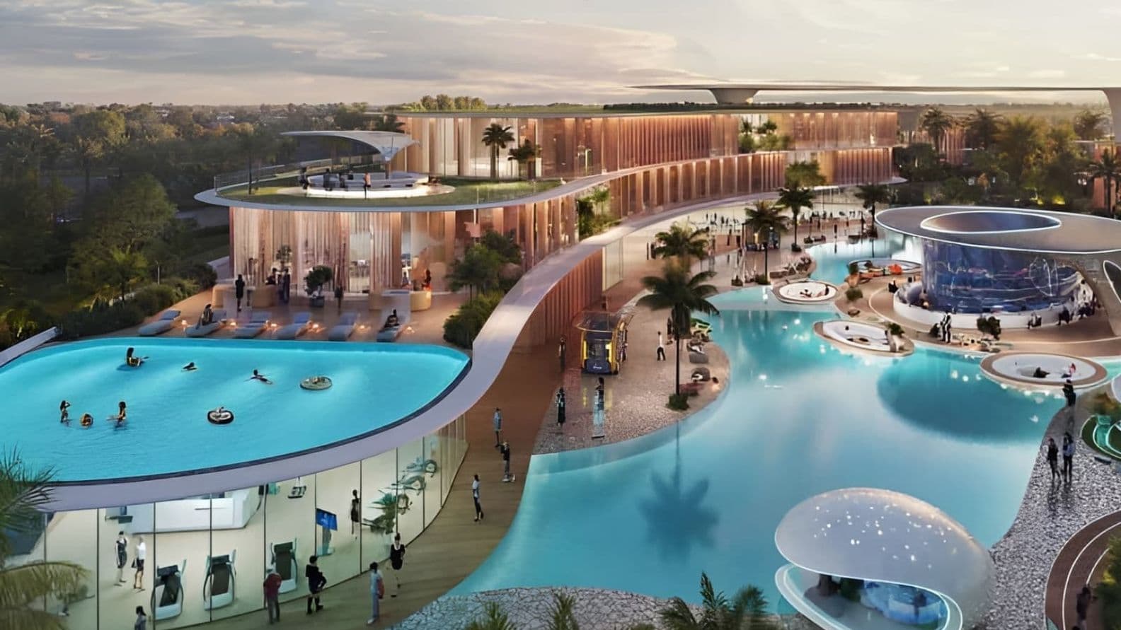 A large modern clubhouse with an elevated pool, glass walled gym, landscaped decks, and a central lagoon surrounded by seating areas and walkways.