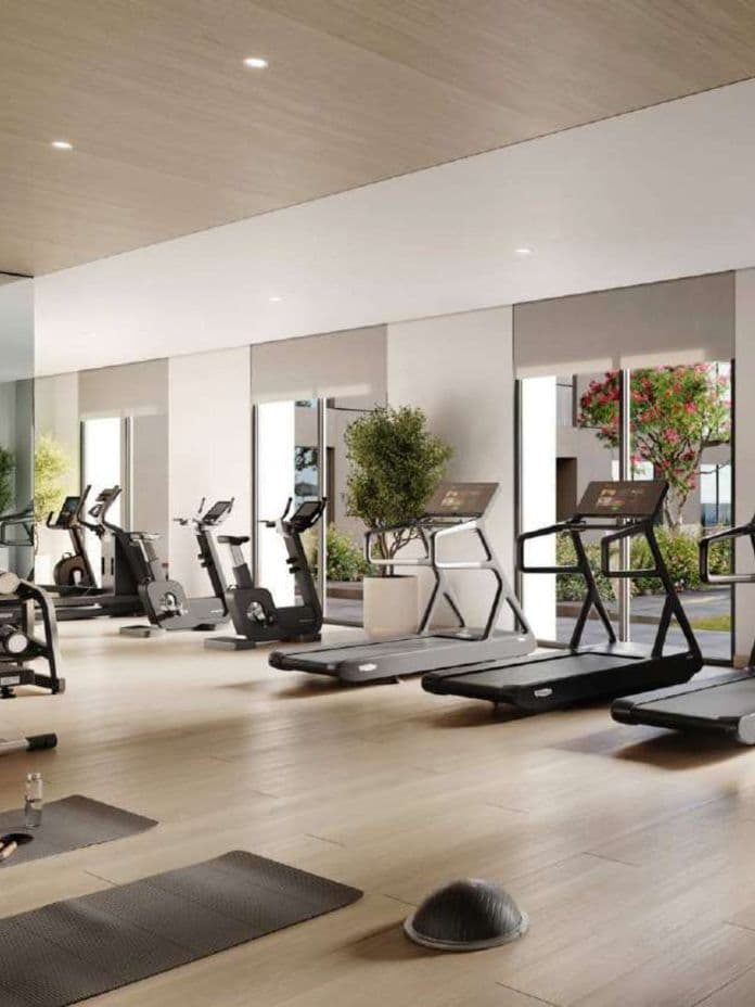 Geräumiges und modernes Fitnessstudio in Camden, Town Square – ausgestattet mit Laufbändern, Fahrrädern, Gewichten und Yogamatten, umgeben von großen Fenstern und viel Grün