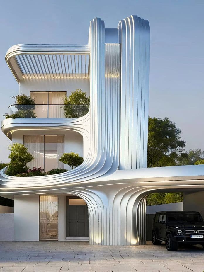 Futuristic three-story house with sleek, curved metallic design, large windows, and greenery on balconies. A black car is parked beside it.