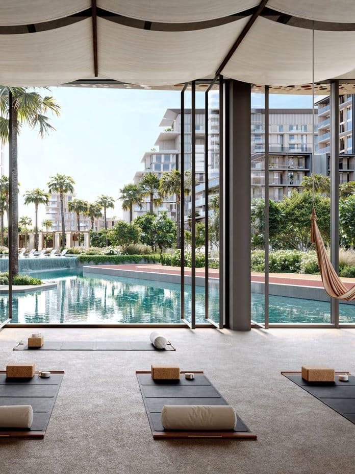 Yoga studio facing the pool and landscaped gardens at City Walk Crestlane by Meraas, City Walk, Dubai.