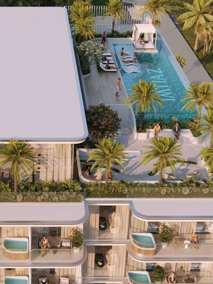 Luftaufnahme der Dachterrassen-Ausstattung von Cove Edition 6 in Dubailand von Imtiaz Developers – mit Pool, Loungebereich und Landschaftsgestaltung.