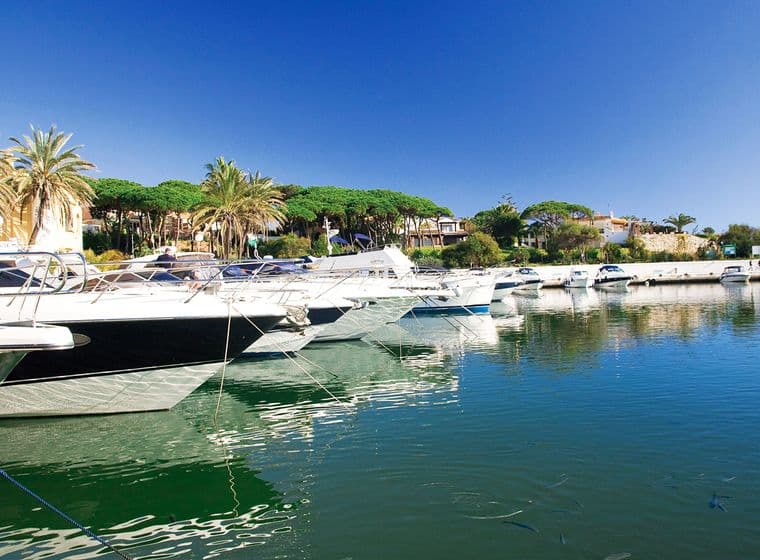 Port de Cabopino amb nombrosos vaixells de luxe i palmeres al fons