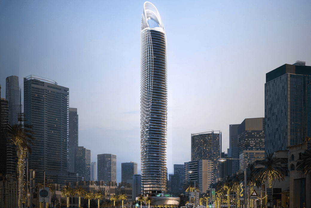 Sculpted balconies and glass façade at Binghatti Skyblade