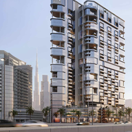 Futuristic glass-clad high-rise with stacked rounded balconies and HQ ROVE sign, in a city with palm trees and a busy street.