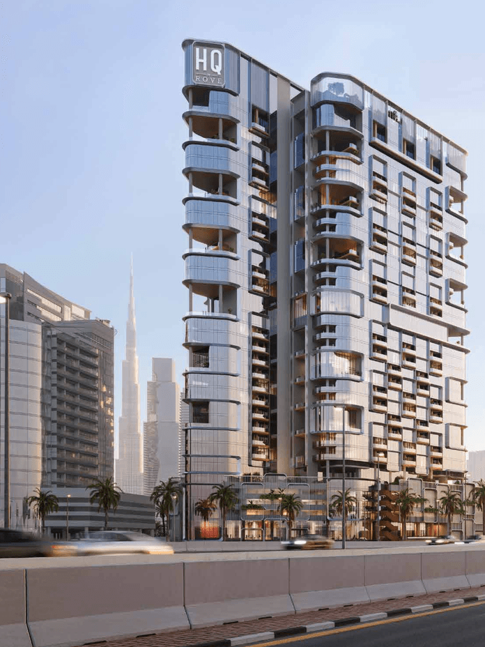 Futuristic glass-clad high-rise with stacked rounded balconies and HQ ROVE sign, in a city with palm trees and a busy street.