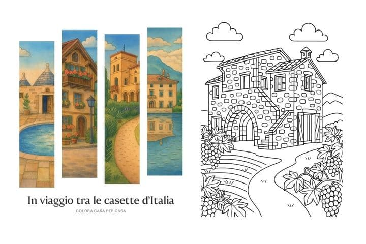 Colorful Italian village illustrations and a black-and-white house drawing with vineyard, titled "In viaggio tra le casette d'Italia."