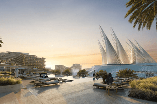 Futuristic waterfront resort at sunset with modern architecture, palm trees, lounge chairs, and people relaxing by a pool.