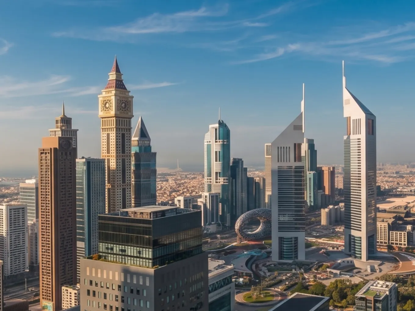 DIFC skyline with tall, varied skyscrapers under a clear blue sky, featuring white angular towers and a clock-topped building.