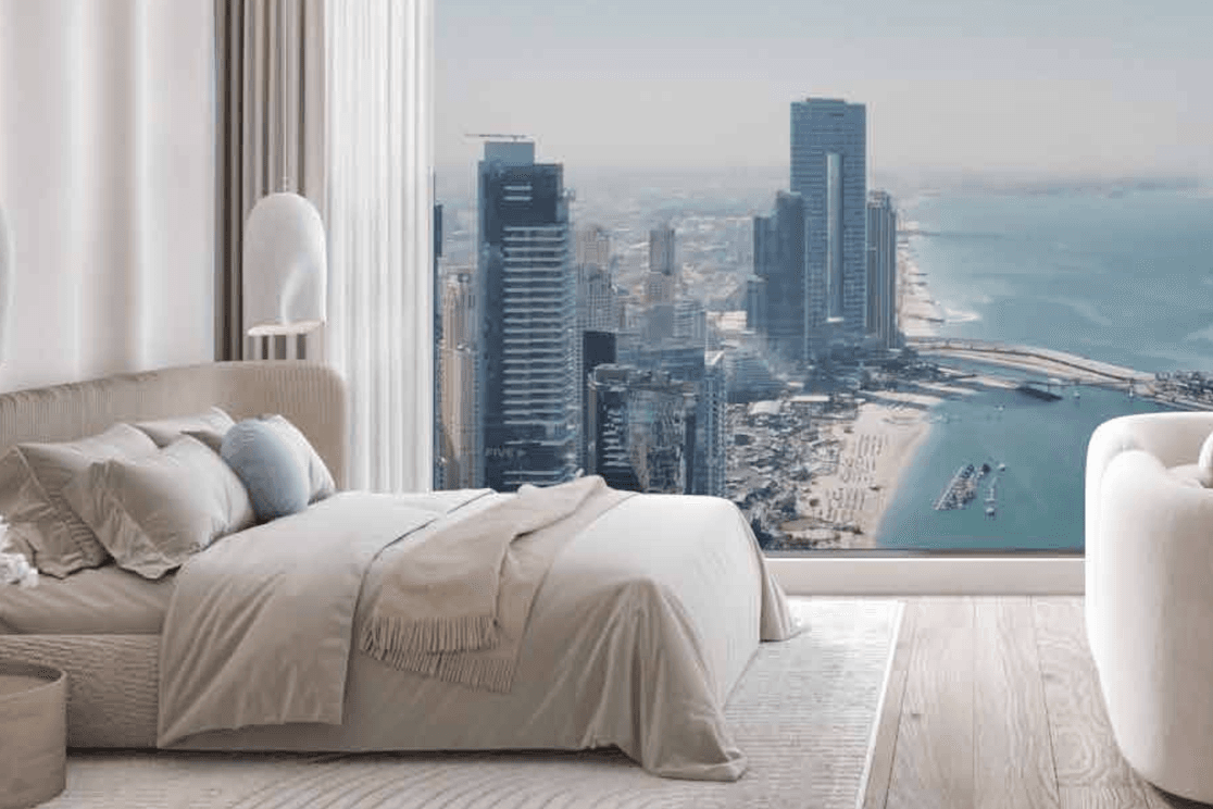 Helle Schlafzimmer mit modernen Ausstattungsdetails