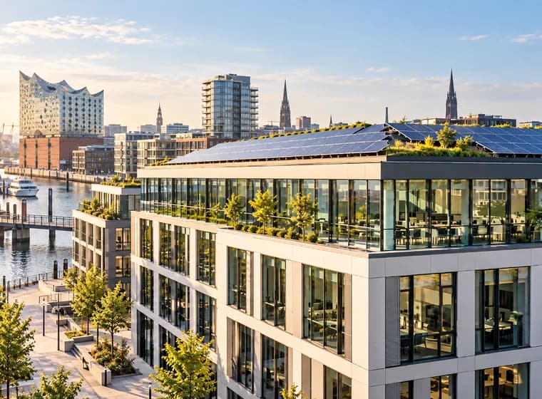 Sunlit modern glass building with rooftop greenery along the river, a city skyline with spires in the distance.