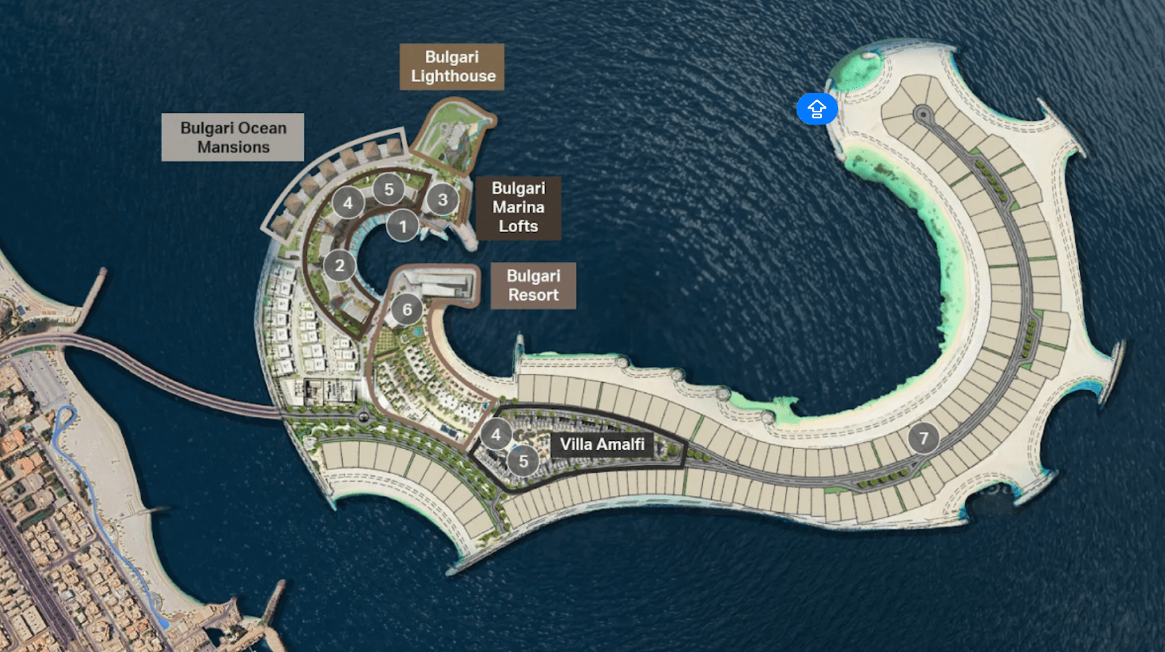 Map of Jumeirah Bay Island in Dubai showing the layout of key developments including Bulgari Resort, Bulgari Marina Lofts, Bulgari Lighthouse, Bulgari Ocean Mansions, and Villa Amalfi, surrounded by the Arabian Gulf with connecting bridge to the mainland.