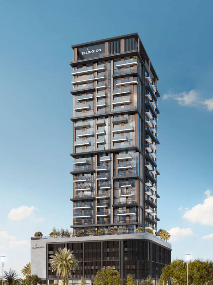 Exterior view of Riverton House in Mohammed Bin Rashid City with the building positioned along the lagoon.