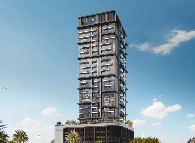 Außenansicht von Riverton House in Mohammed Bin Rashid City mit dem Gebäude entlang der Lagune.