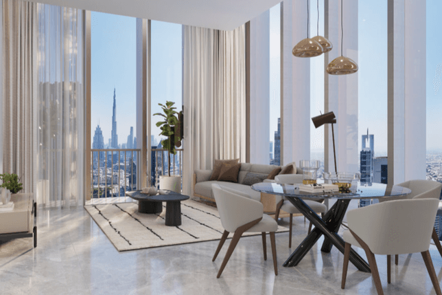 DIFC livingroom with burj khalifa views